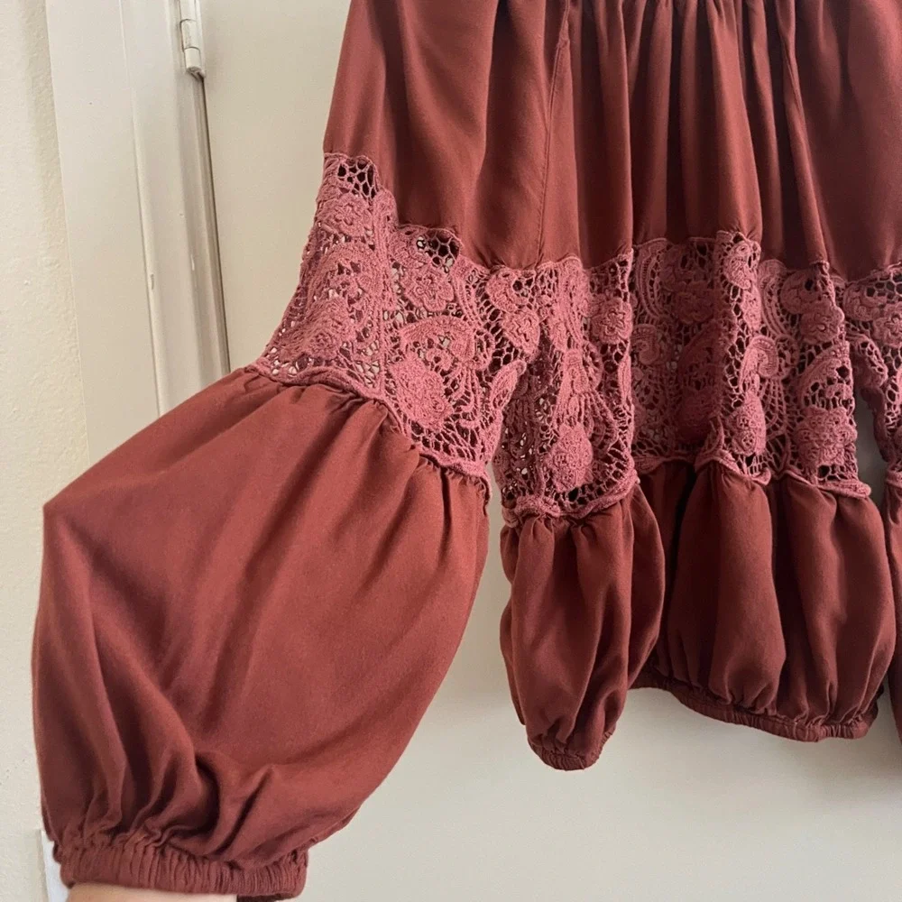 Free People Women Crochet Lace Top XS Rustic Balloon Sleeves Boho Cottage Tie